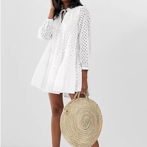 ASOS Dresses & Skirts - ASOS White Cotton Eyelet Long Sleeve Tiered Mini Trapeze Baby Doll Dress 12